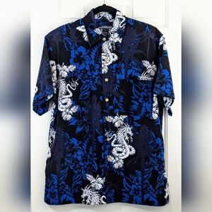 Extreme Gear Men's Blue Graphic Dragon Hawaiian Floral Button Shirt Size Medium